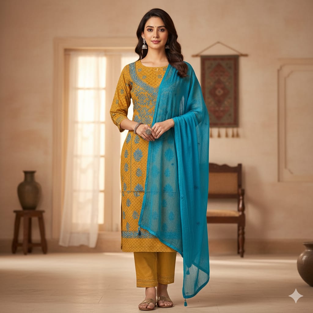 Silakaari Suhagan Beige-Blue Premium HandWork Lucknowi Chikankari Unstitched Dress Material