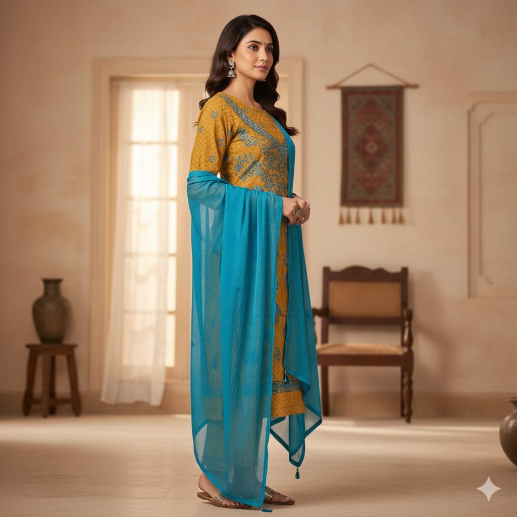 Silakaari Suhagan Beige-Blue Premium HandWork Lucknowi Chikankari Unstitched Dress Material