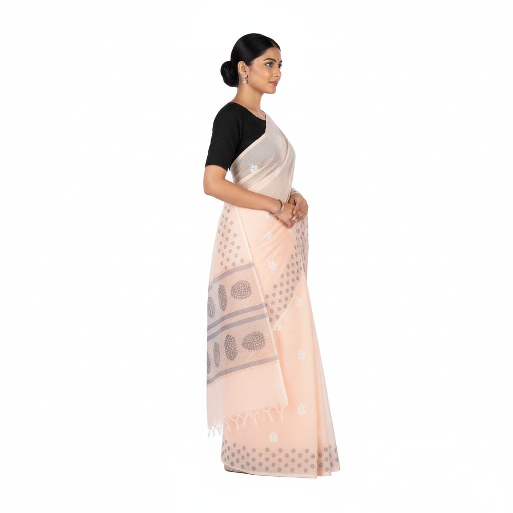 Silakaari Rangrez Peach-Grey Pure HandWork Chanderi Lucknowi Premium Saree