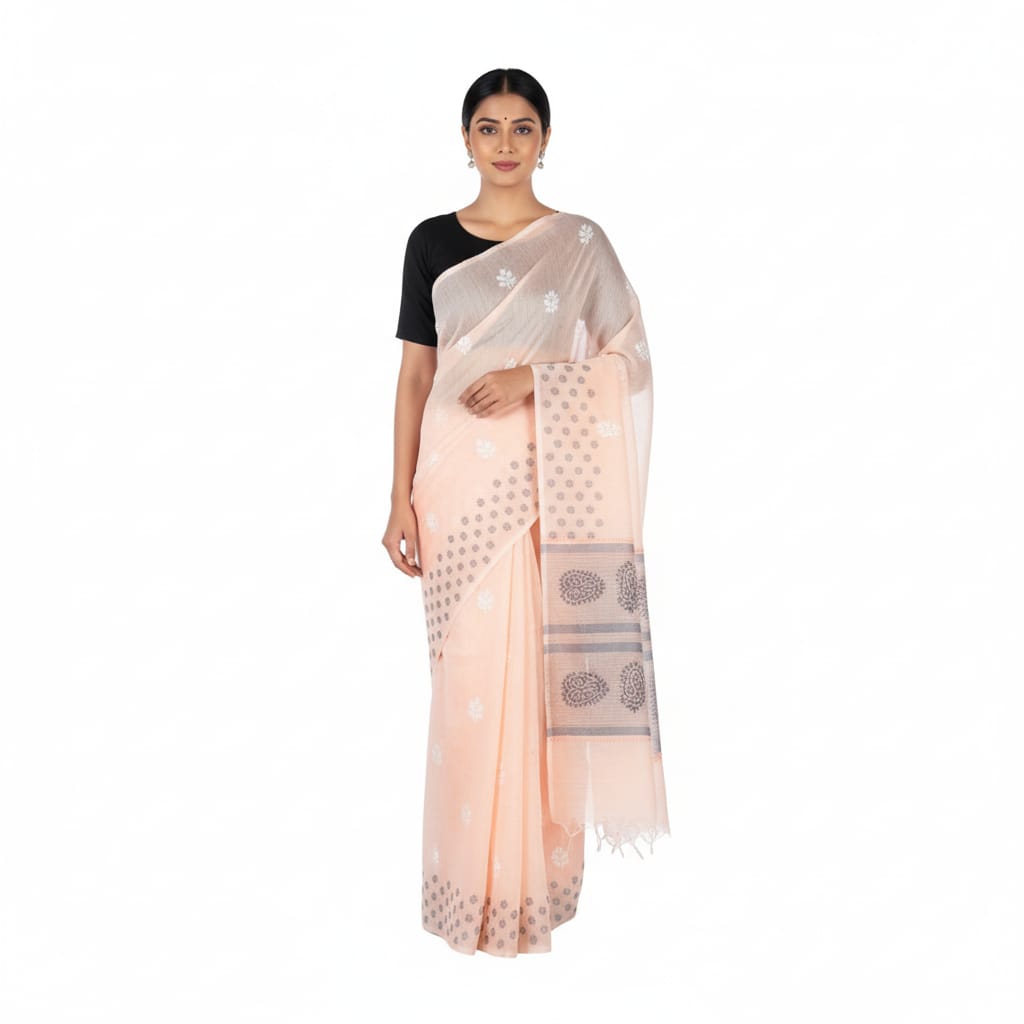 Silakaari Rangrez Peach-Grey Pure HandWork Chanderi Lucknowi Premium Saree