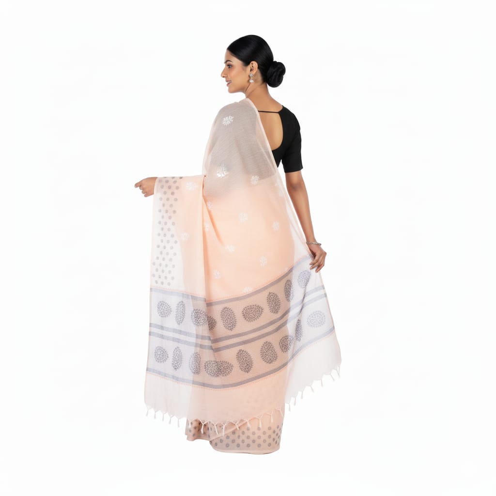 Silakaari Rangrez Peach-Grey Pure HandWork Chanderi Lucknowi Premium Saree