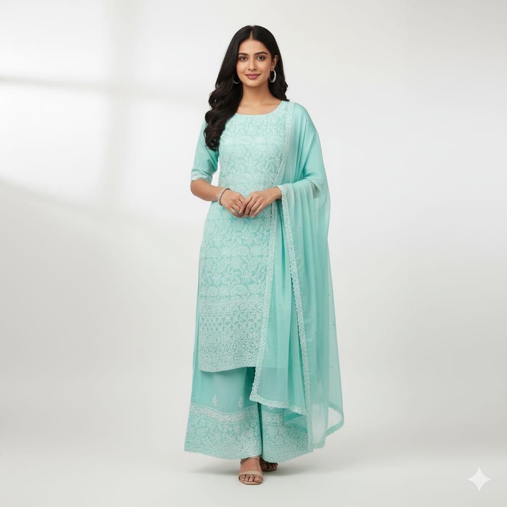 Silakaari Floss Green-White Pure Cotton Delux Premium Lucknowi Chikankari Unstitched Dress Material