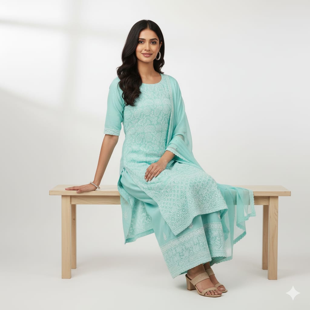 Silakaari Floss Green-White Pure Cotton Delux Premium Lucknowi Chikankari Unstitched Dress Material