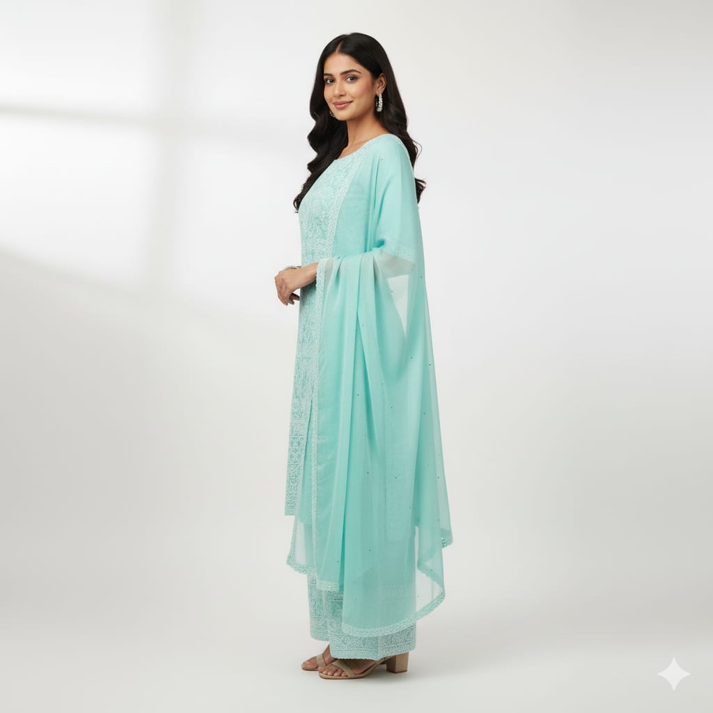 Silakaari Floss Green-White Pure Cotton Delux Premium Lucknowi Chikankari Unstitched Dress Material