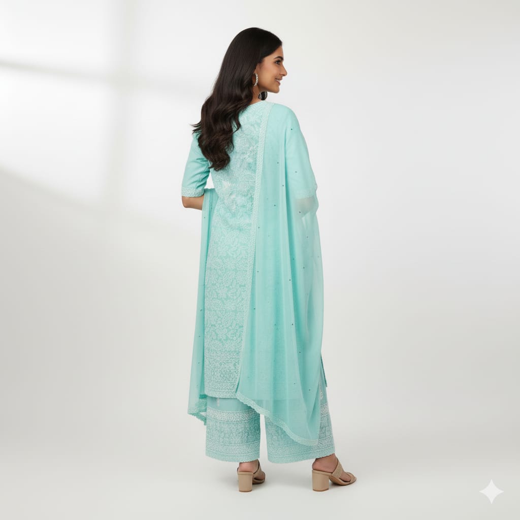 Silakaari Floss Green-White Pure Cotton Delux Premium Lucknowi Chikankari Unstitched Dress Material