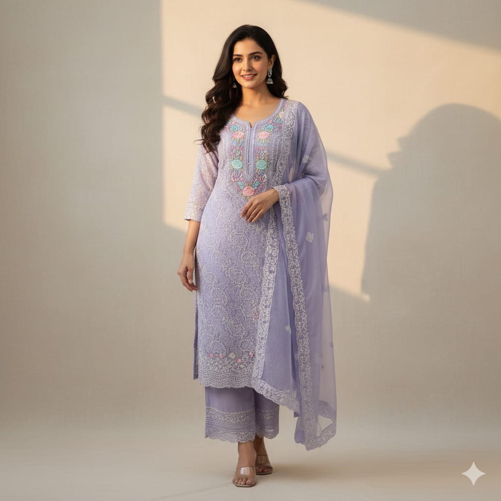 Silakaari Pashmina Parsi Work Pure Georgette Chikankari Premium Unstitched Dress Material