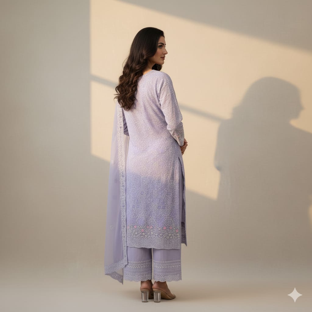 Silakaari Pashmina Parsi Work Pure Georgette Chikankari Premium Unstitched Dress Material