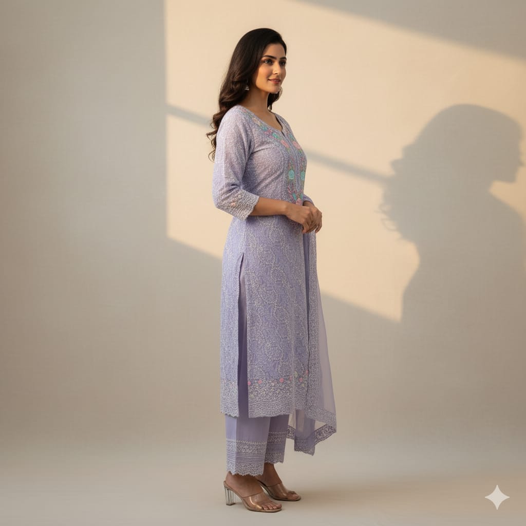 Silakaari Pashmina Parsi Work Pure Georgette Chikankari Premium Unstitched Dress Material