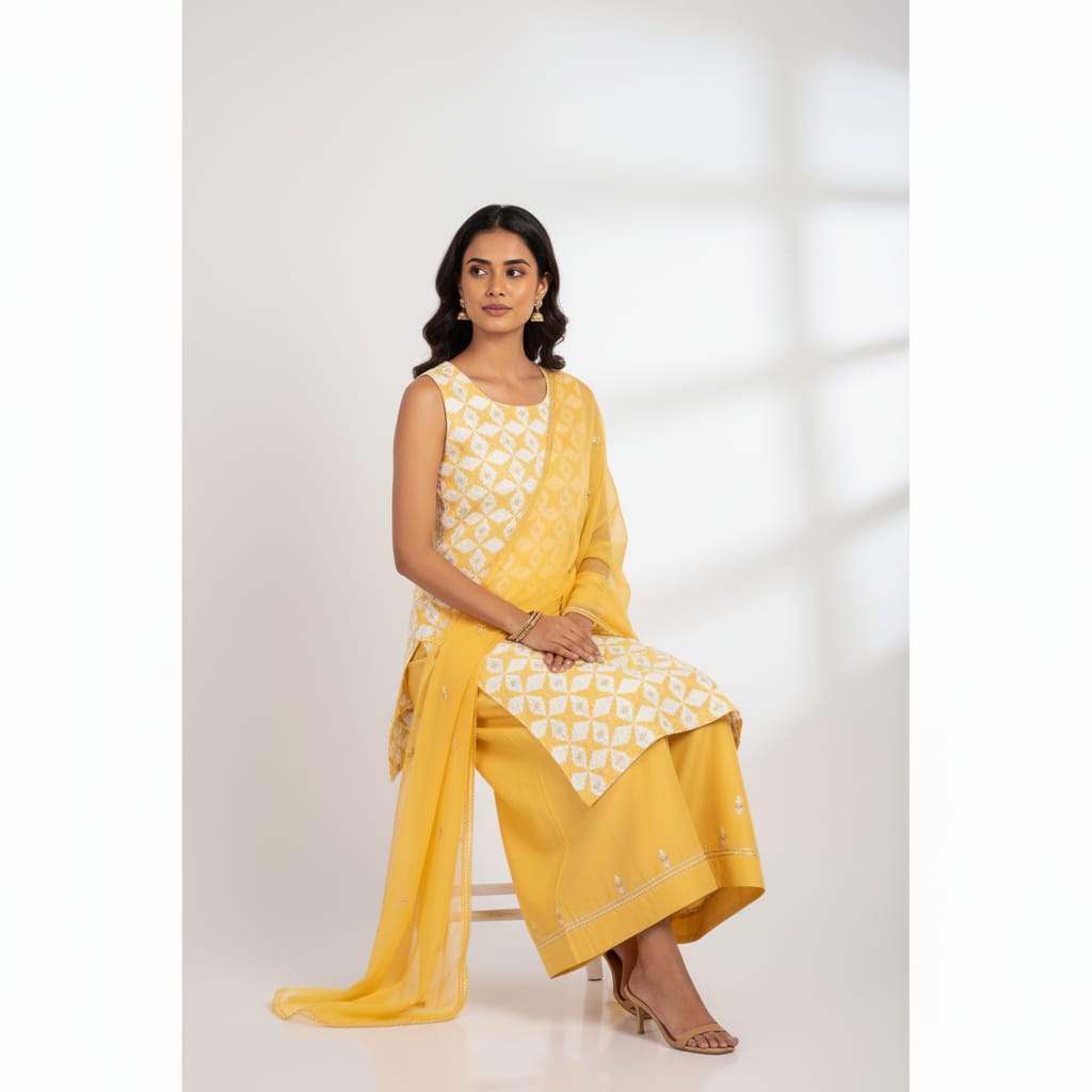 Silakaari Dhani Beige-White Patch Super Delux Premium Lucknowi Unstitched Dress Material