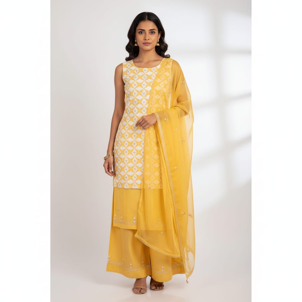 Silakaari Dhani Beige-White Patch Super Delux Premium Lucknowi Unstitched Dress Material