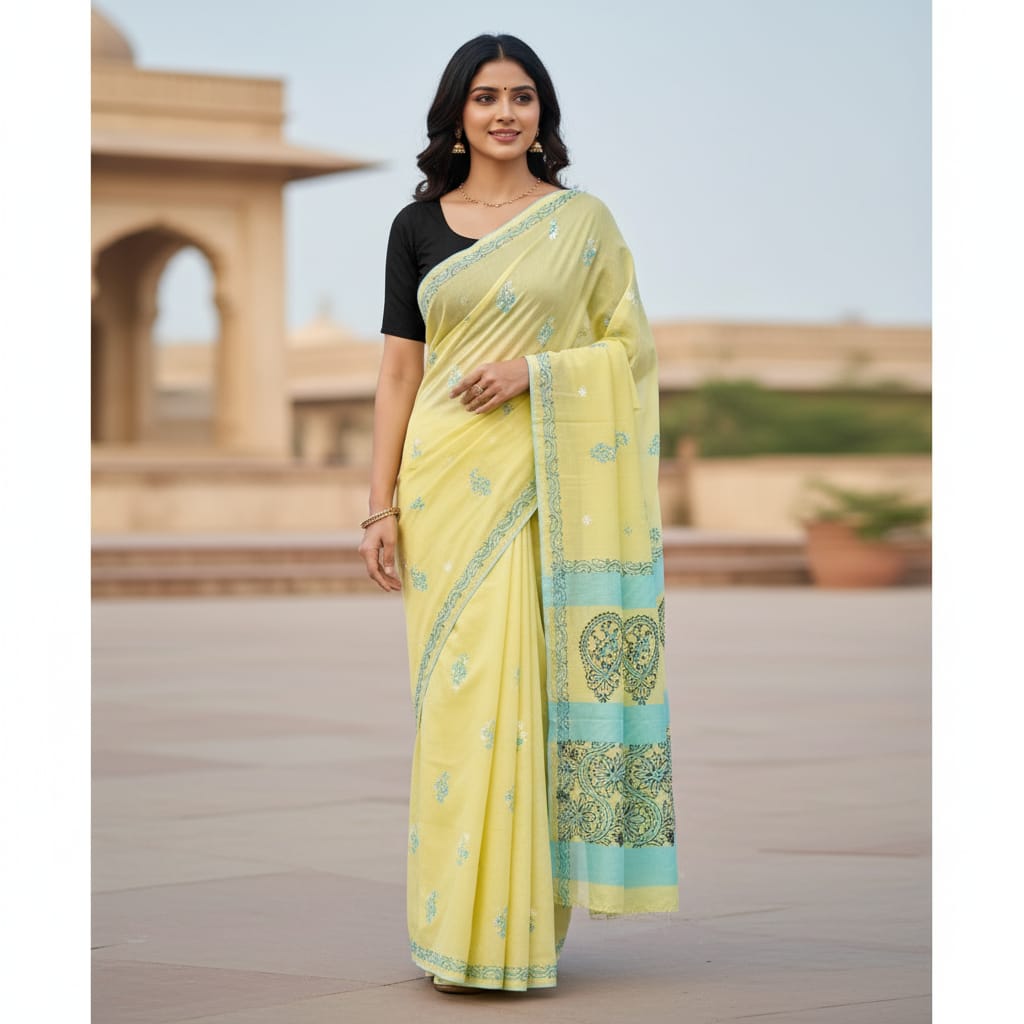 Silakaari Samiksha Green-Blue Patch work Pure Lucknowi Casual Wear Premium Saree