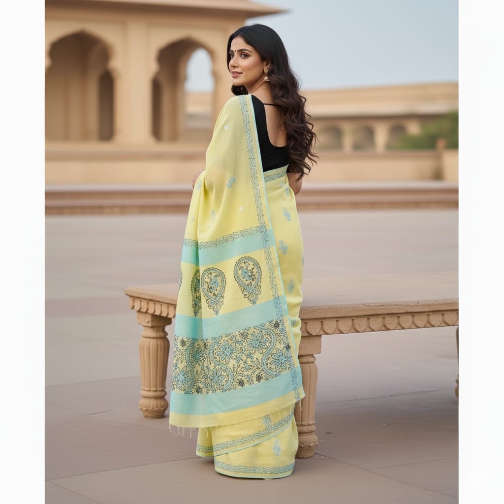 Silakaari Samiksha Green-Blue Patch work Pure Lucknowi Casual Wear Premium Saree