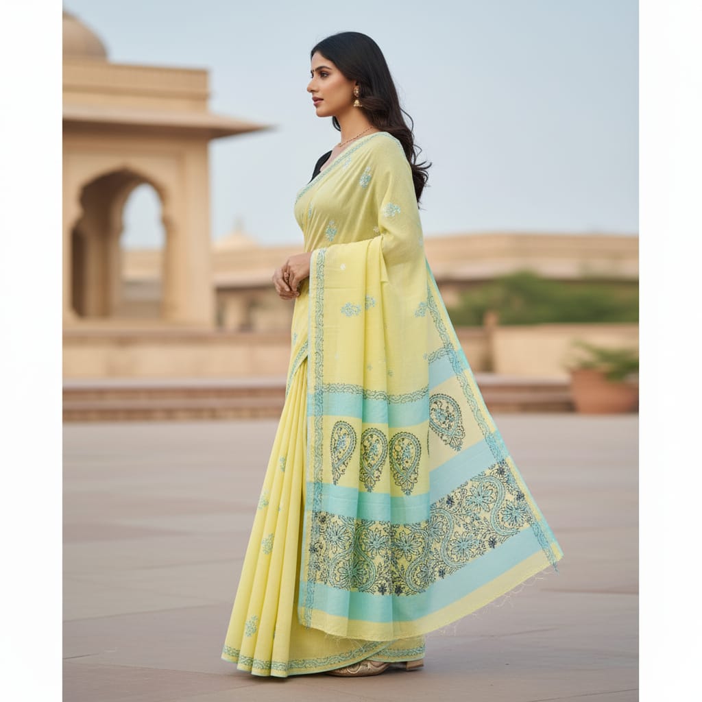 Silakaari Samiksha Green-Blue Patch work Pure Lucknowi Casual Wear Premium Saree