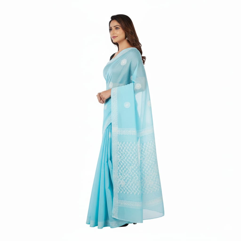 Silakaari Aasmani Pure Cotton Fine HandWork Super Delux Lucknowi Saree