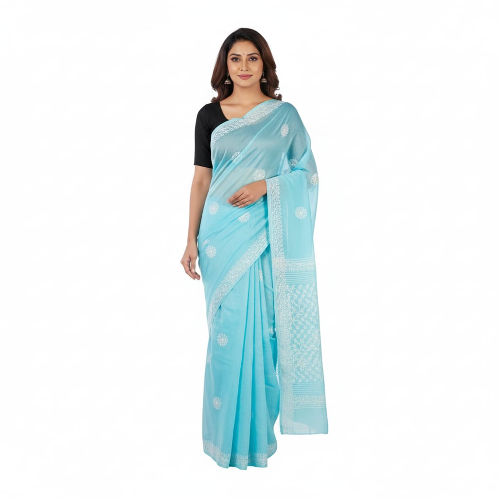 Silakaari Aasmani Pure Cotton Fine HandWork Super Delux Lucknowi Saree