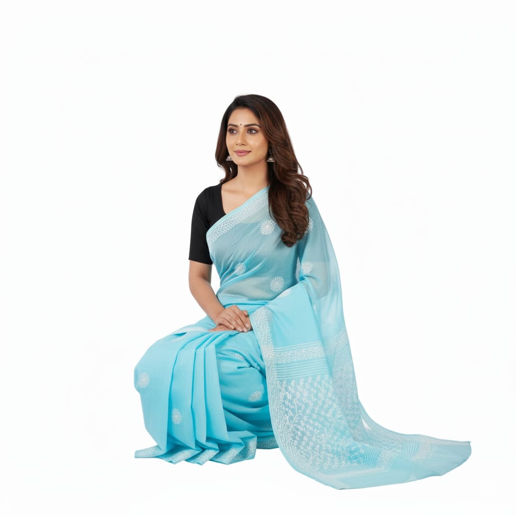 Silakaari Aasmani Pure Cotton Fine HandWork Super Delux Lucknowi Saree