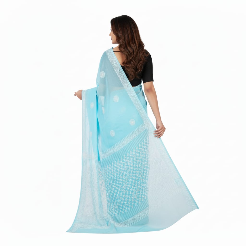 Silakaari Aasmani Pure Cotton Fine HandWork Super Delux Lucknowi Saree