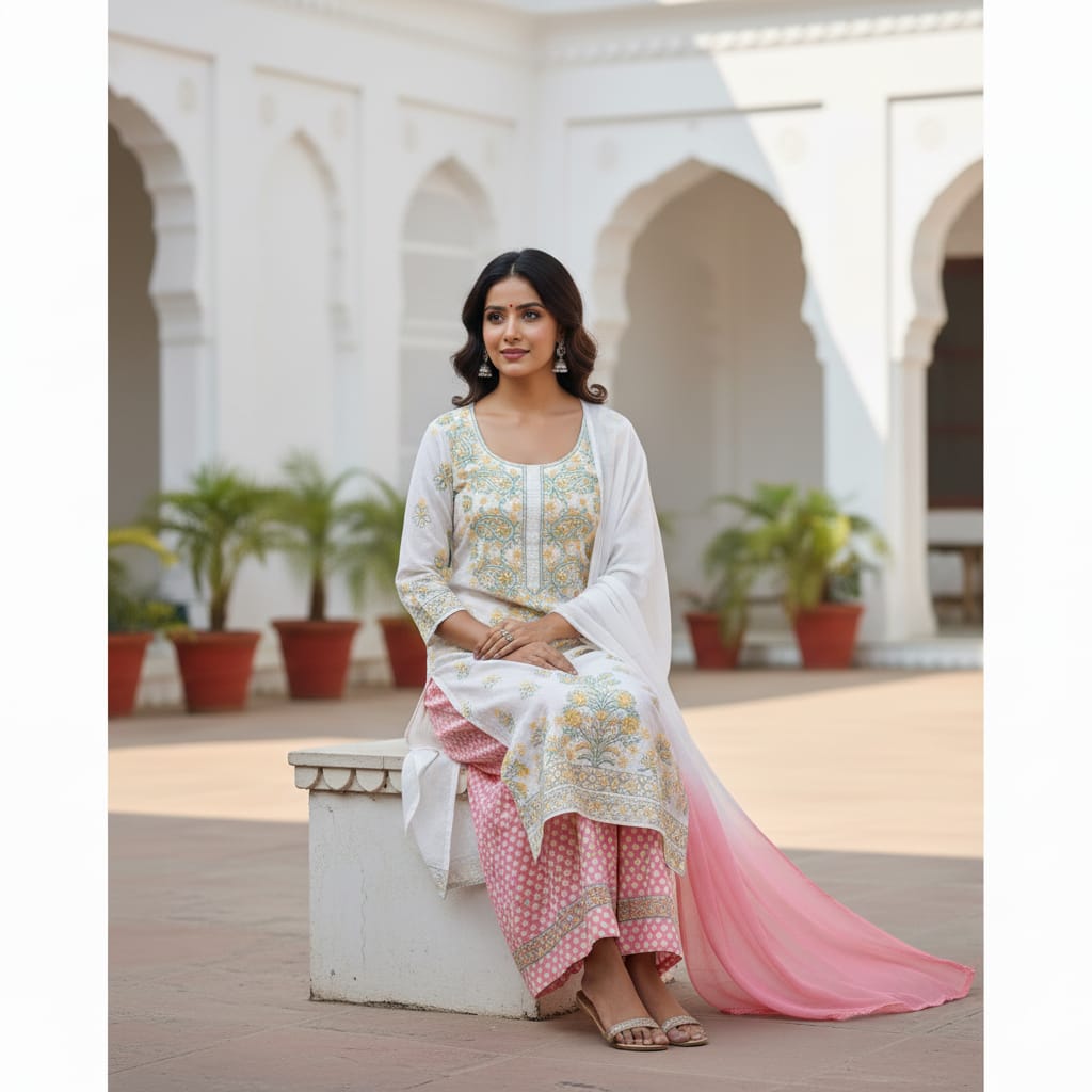 Silakaari Gulabi Polka Dot Pure Cotton Premium Lucknowi Dress Material With Dupatta