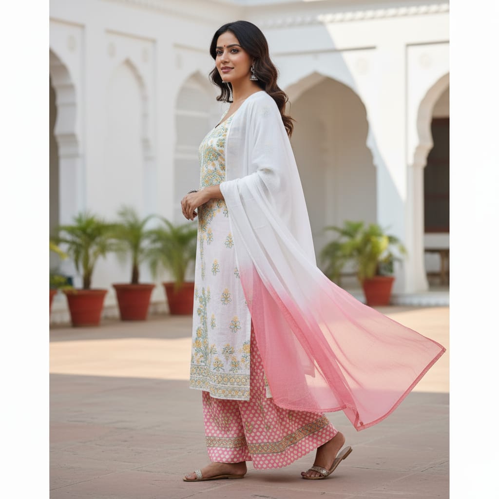 Silakaari Gulabi Polka Dot Pure Cotton Premium Lucknowi Dress Material With Dupatta