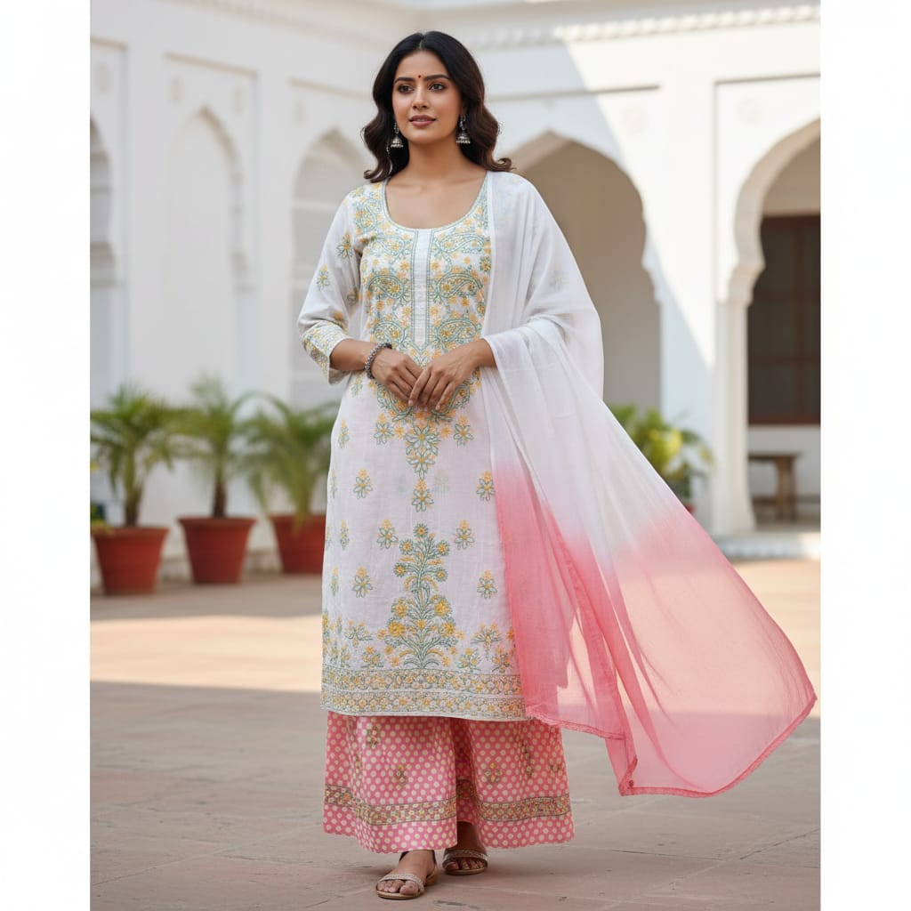 Silakaari Gulabi Polka Dot Pure Cotton Premium Lucknowi Dress Material With Dupatta