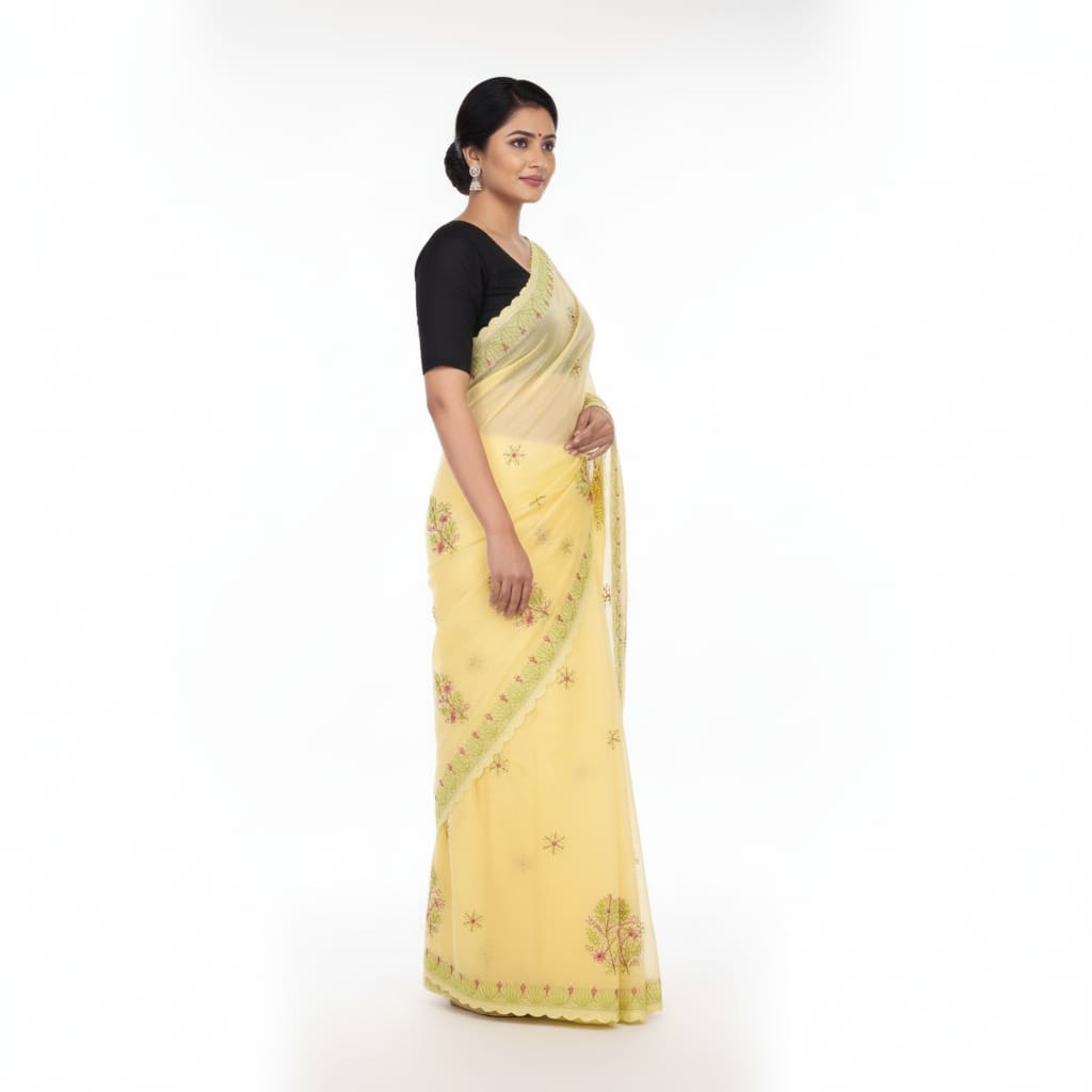 Silakaari Surajmukhi Yellow-Green Pure Cotton HandWork Lucknowi Saree