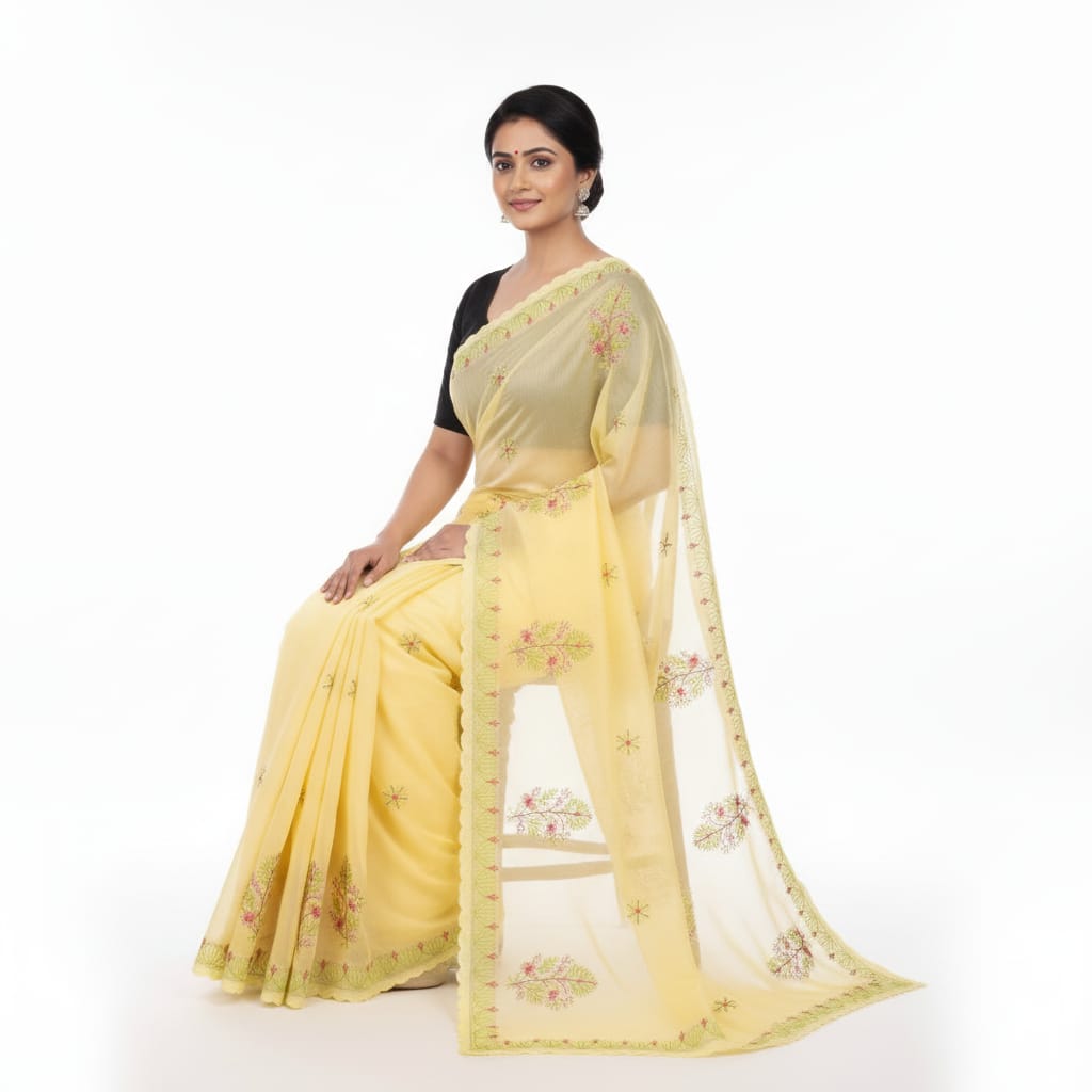 Silakaari Surajmukhi Yellow-Green Pure Cotton HandWork Lucknowi Saree