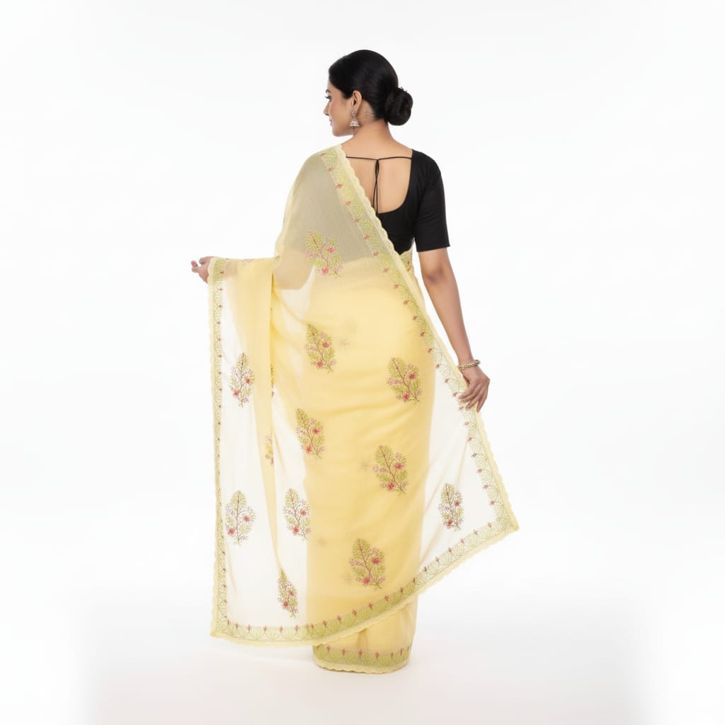 Silakaari Surajmukhi Yellow-Green Pure Cotton HandWork Lucknowi Saree