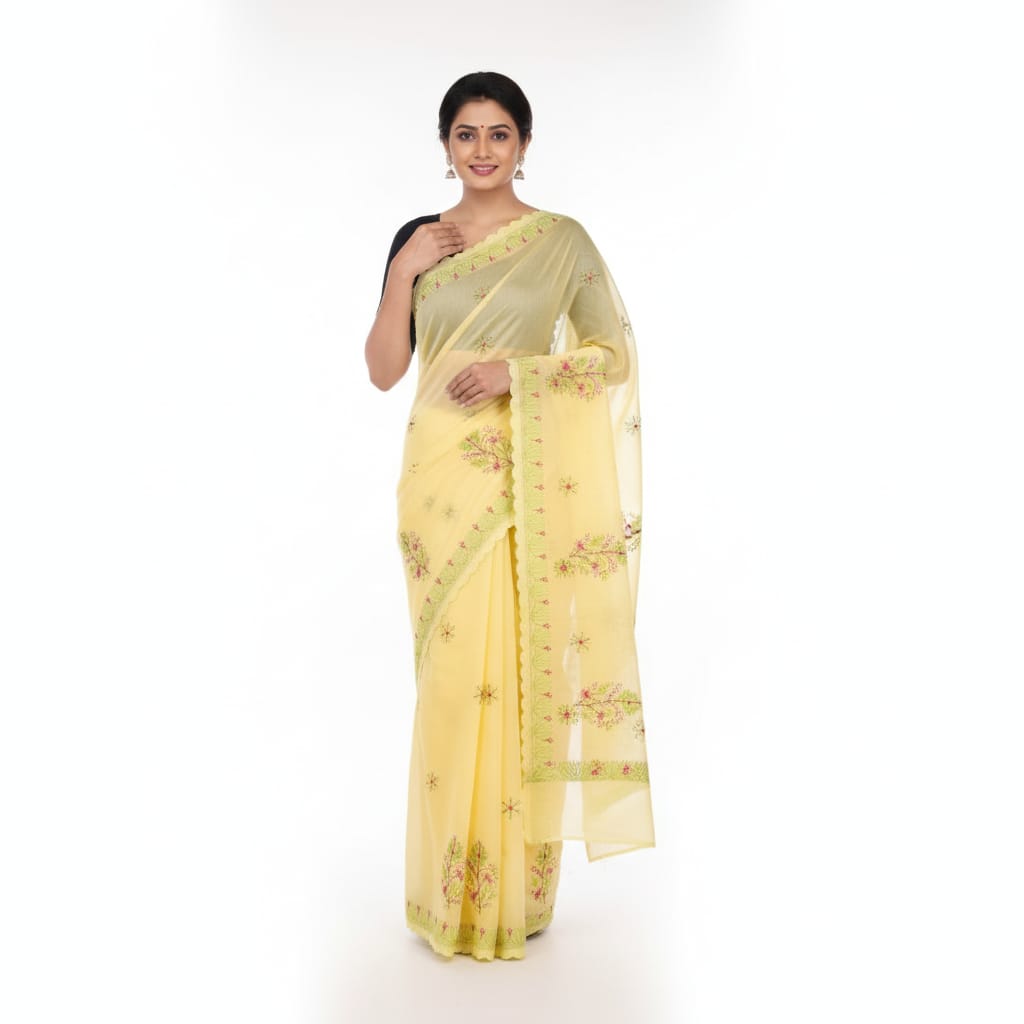 Silakaari Surajmukhi Yellow-Green Pure Cotton HandWork Lucknowi Saree