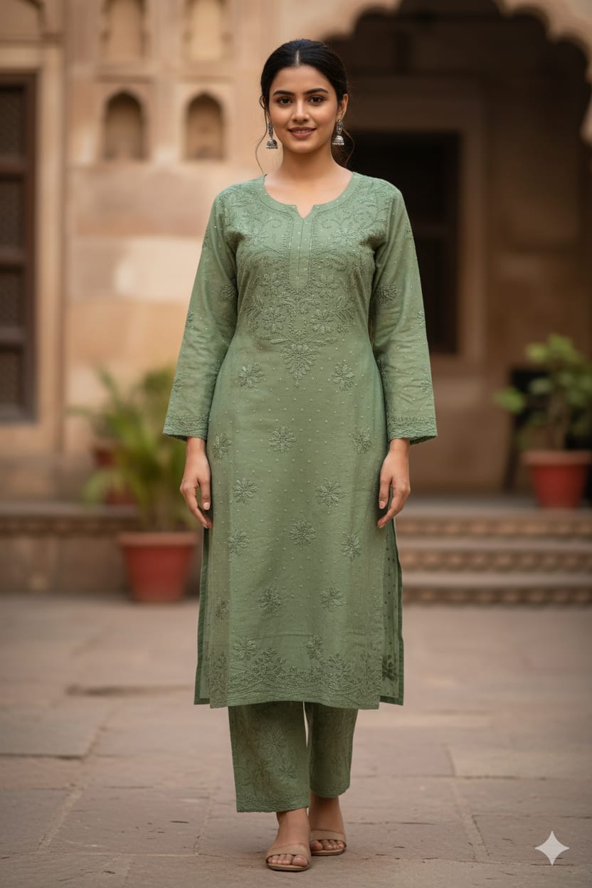 Silakaari Women's Pure Chanderi Golden Dots Kurti Palazzo Premium Lucknowi Set