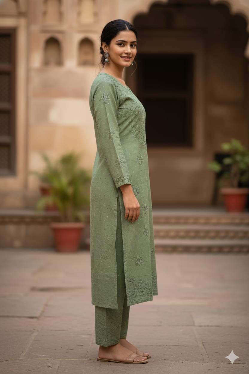 Silakaari Women's Pure Chanderi Golden Dots Kurti Palazzo Premium Lucknowi Set