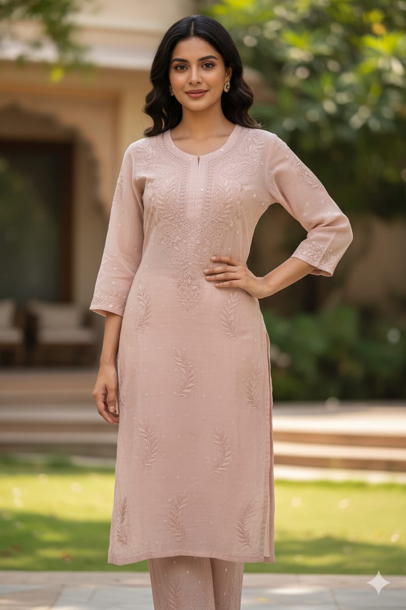 Silakaari Women's Pure Chanderi Golden Dots Kurti Palazzo Premium Lucknowi Set