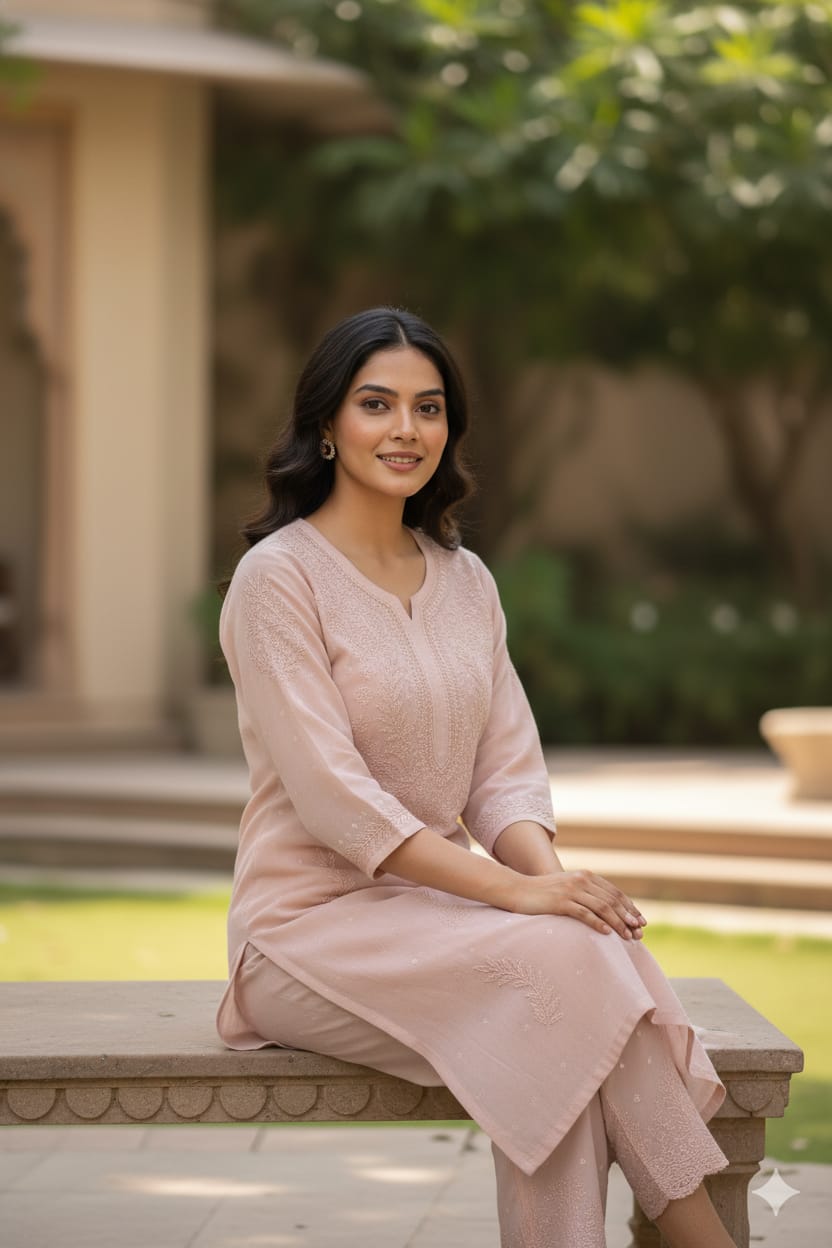 Silakaari Women's Pure Chanderi Golden Dots Kurti Palazzo Premium Lucknowi Set