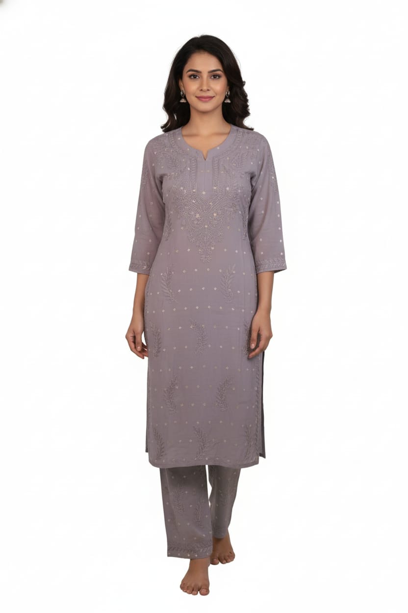 Silakaari Women's Pure Chanderi Golden Dots Kurti Palazzo Premium Lucknowi Set