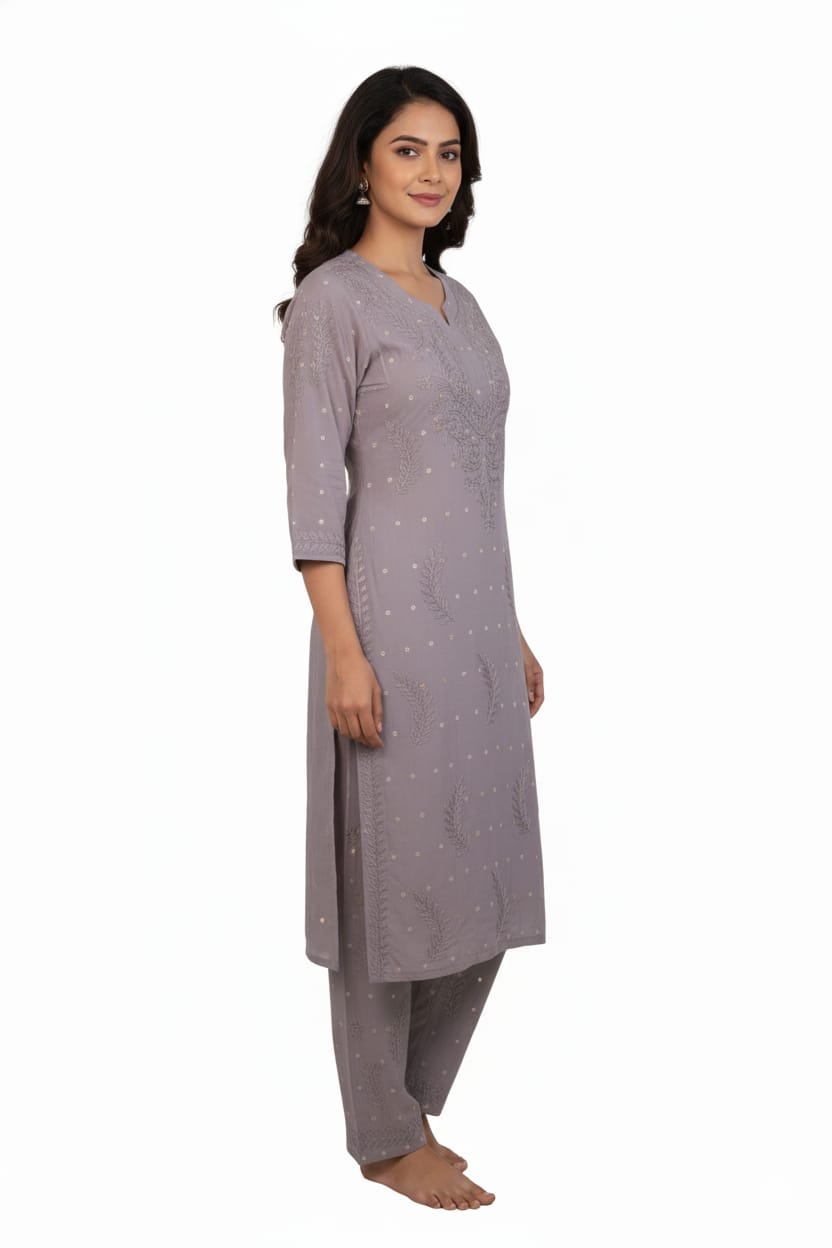 Silakaari Women's Pure Chanderi Golden Dots Kurti Palazzo Premium Lucknowi Set