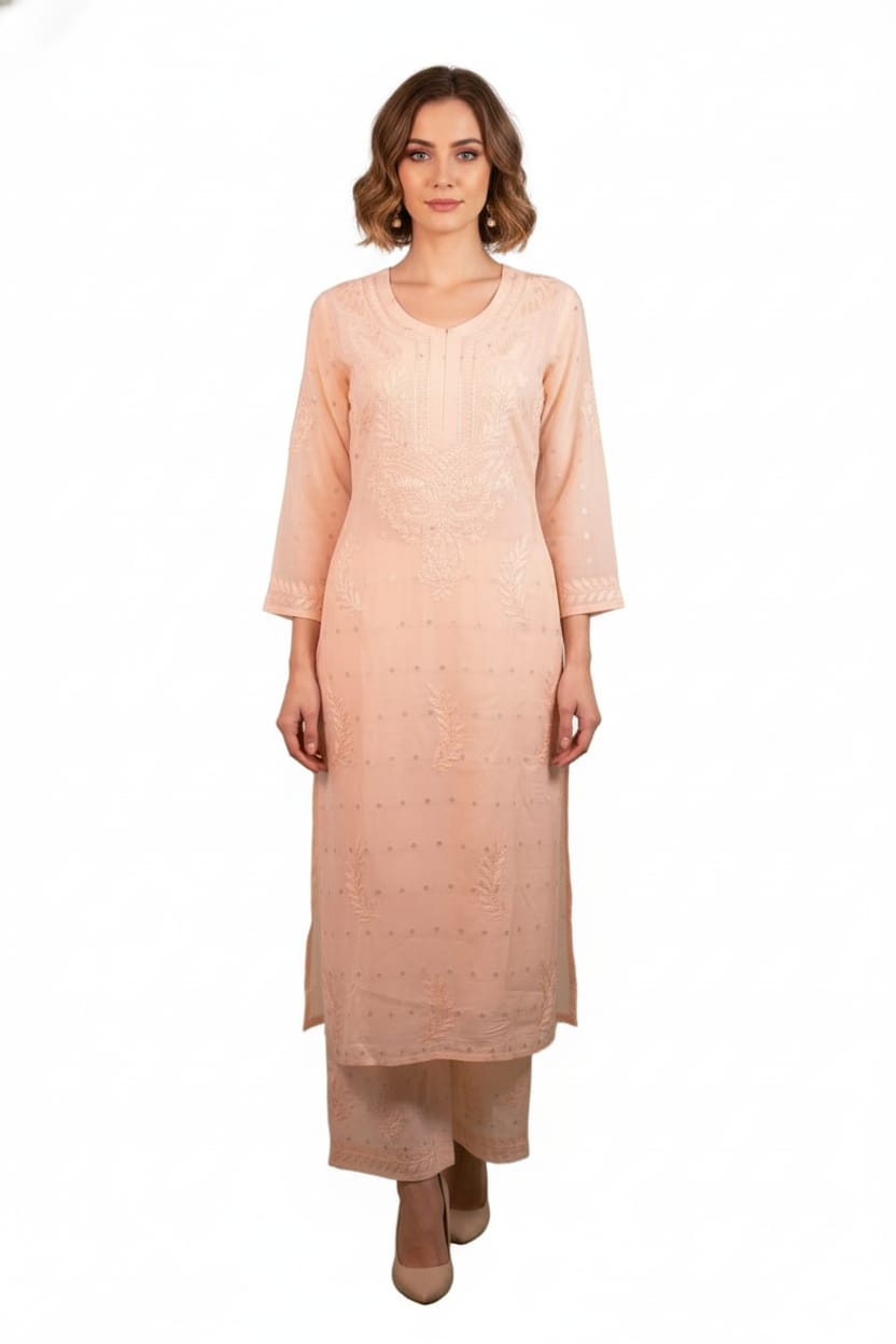 Silakaari Women's Pure Chanderi Golden Dots Kurti Palazzo Premium Lucknowi Set