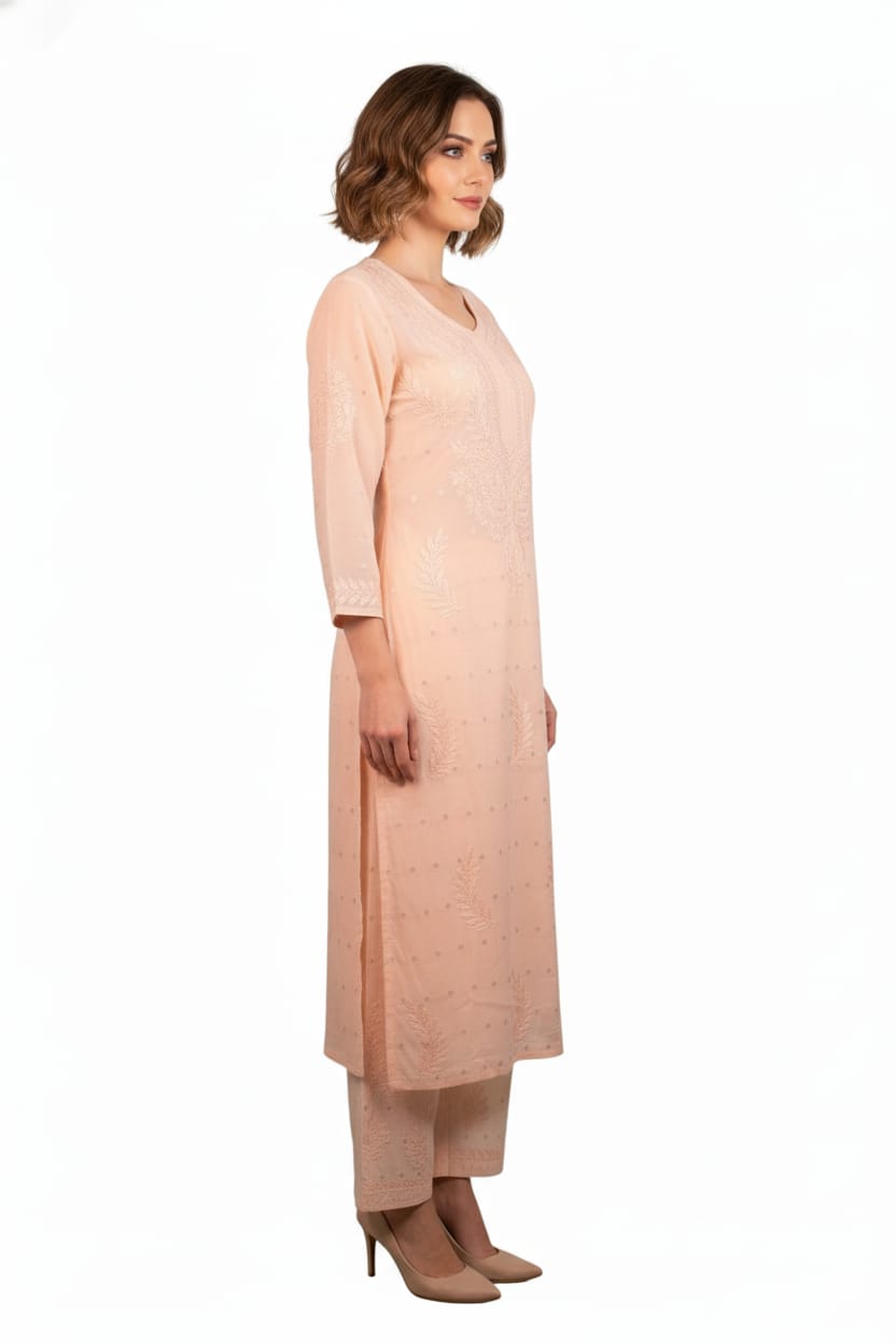 Silakaari Women's Pure Chanderi Golden Dots Kurti Palazzo Premium Lucknowi Set