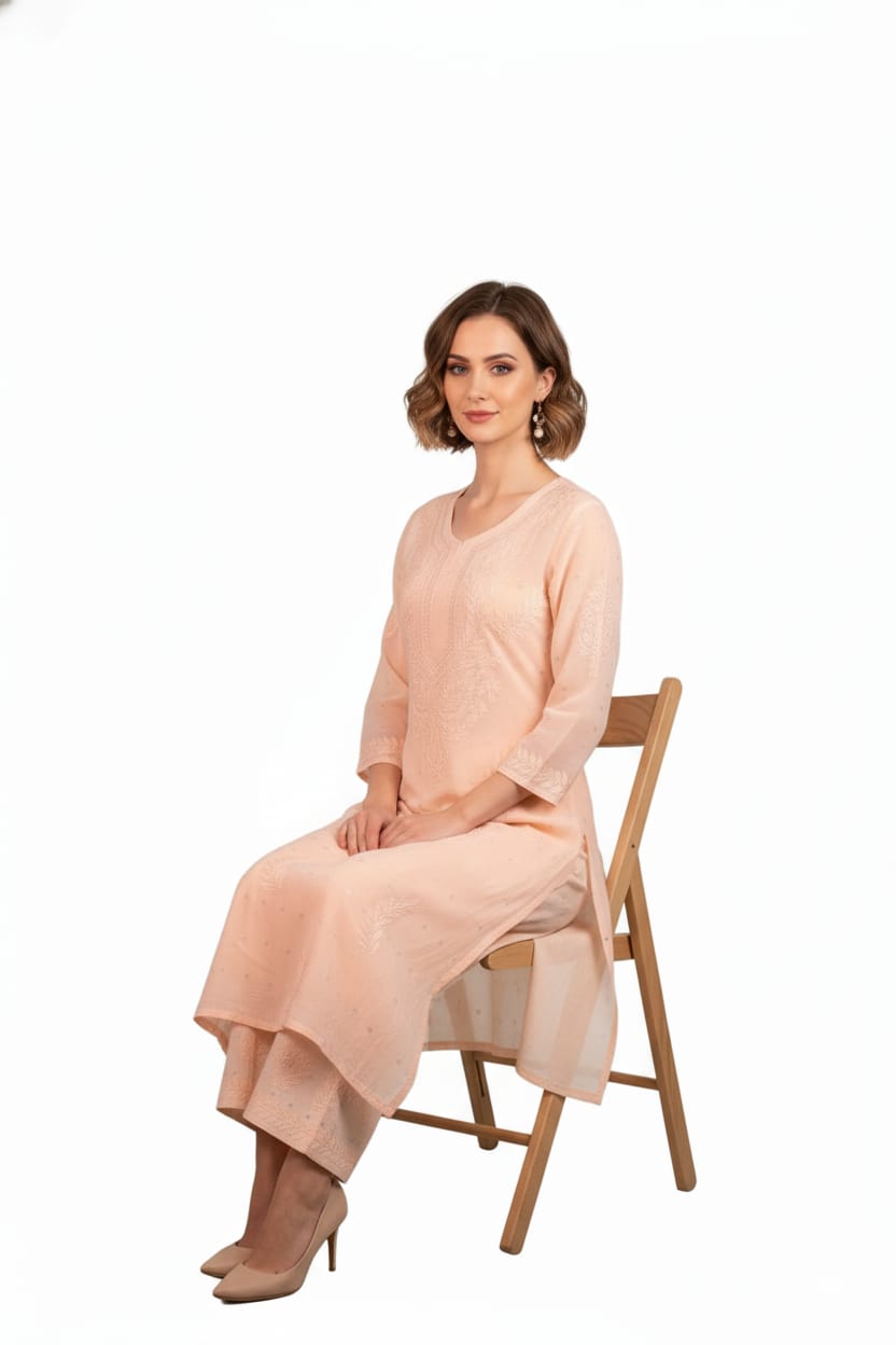 Silakaari Women's Pure Chanderi Golden Dots Kurti Palazzo Premium Lucknowi Set