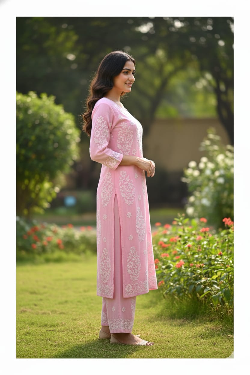 Silakaari Women's Pure Modal Lucknowi Premium Kurti Palazzo Set