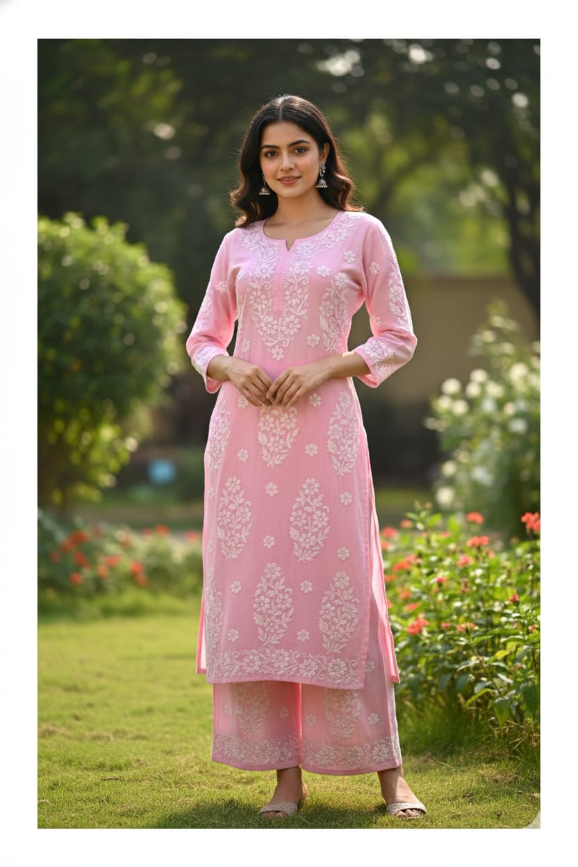 Silakaari Women's Pure Modal Lucknowi Premium Kurti Palazzo Set