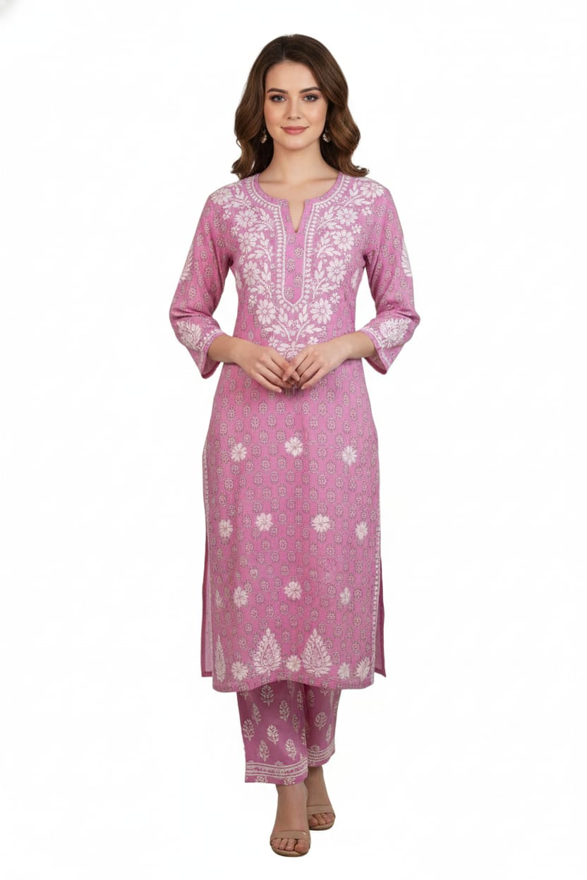 Silakaari Women's Pure Cotton Printed Lucknowi Kurti Pant Premium Set