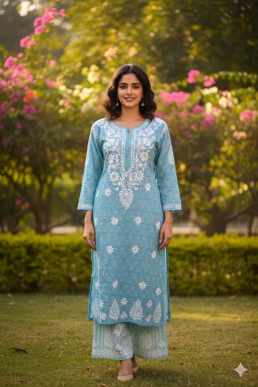 Silakaari Women's Pure Cotton Printed Lucknowi Kurti Pant Premium Set