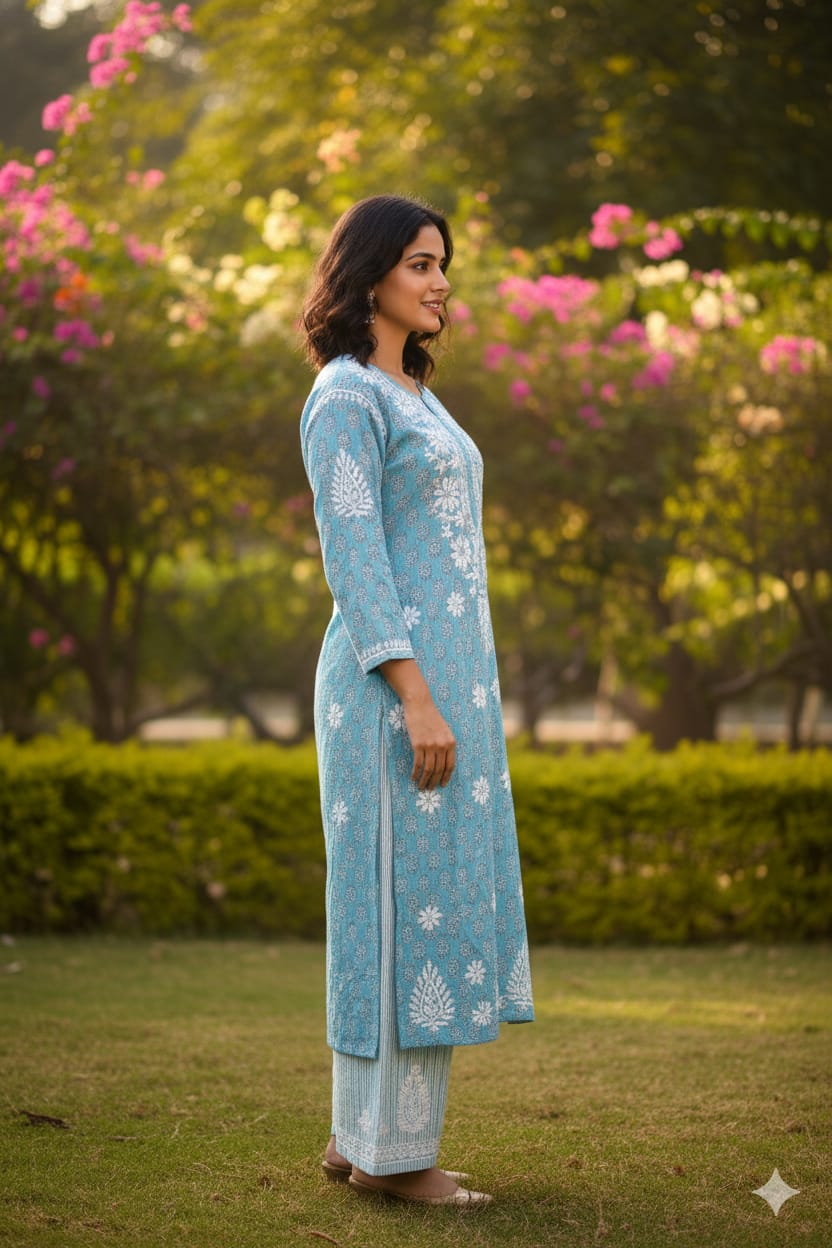 Silakaari Women's Pure Cotton Printed Lucknowi Kurti Pant Premium Set