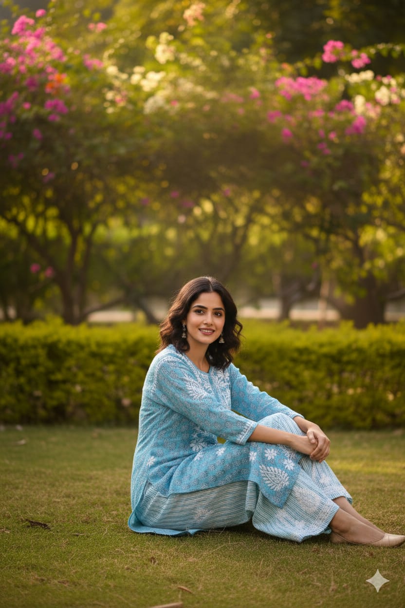 Silakaari Women's Pure Cotton Printed Lucknowi Kurti Pant Premium Set