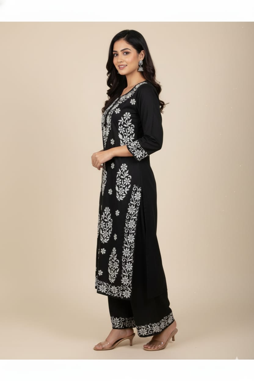 Silakaari Women's Pure Modal Lucknowi Premium Kurti Palazzo Set