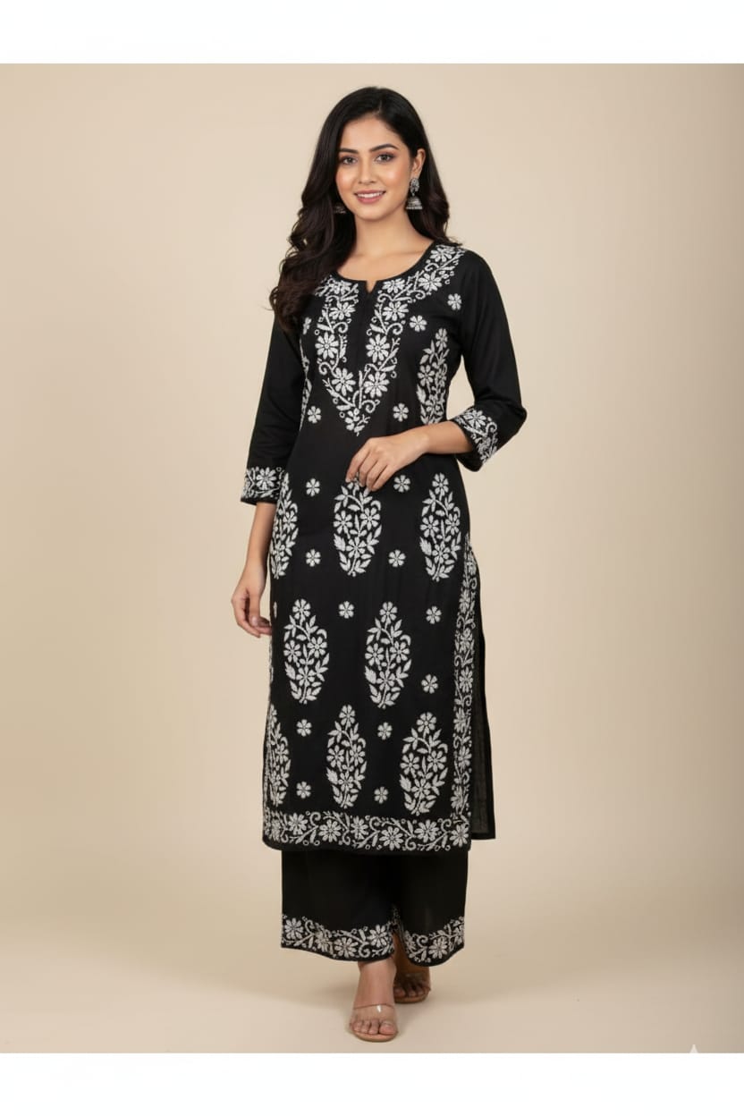 Silakaari Women's Pure Modal Lucknowi Premium Kurti Palazzo Set