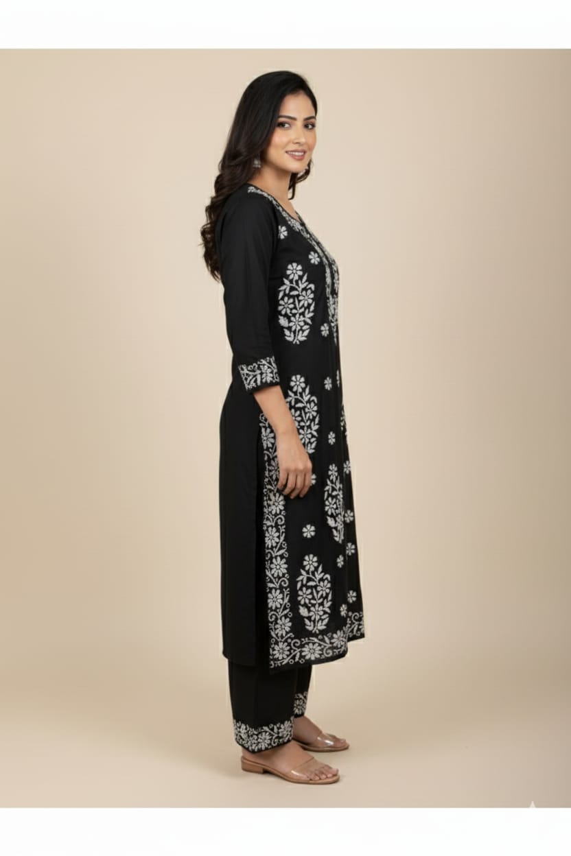 Silakaari Women's Pure Modal Lucknowi Premium Kurti Palazzo Set