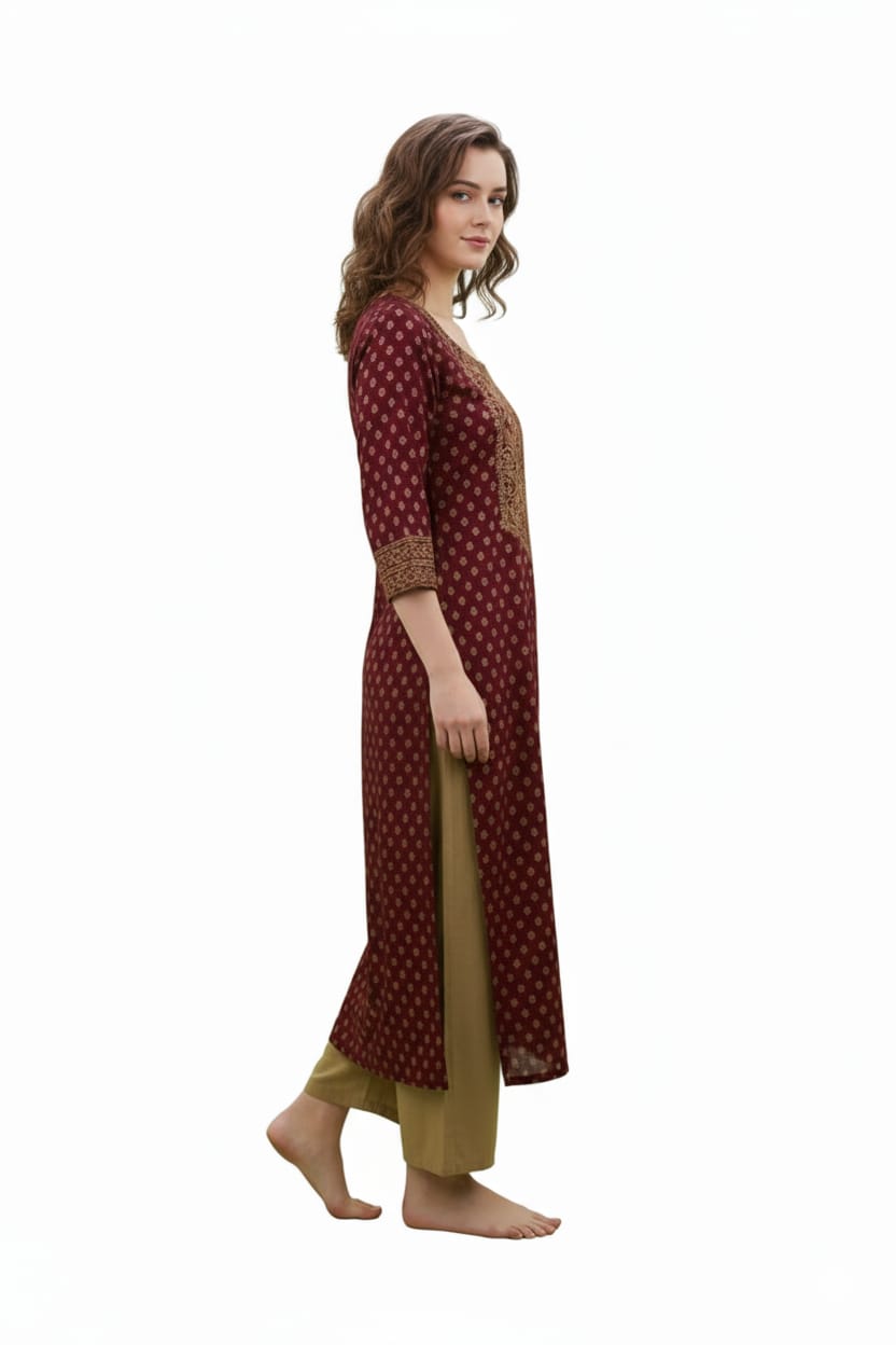 Silakaari Maleeka Maroon Foil Printed Rayon Long Kurti