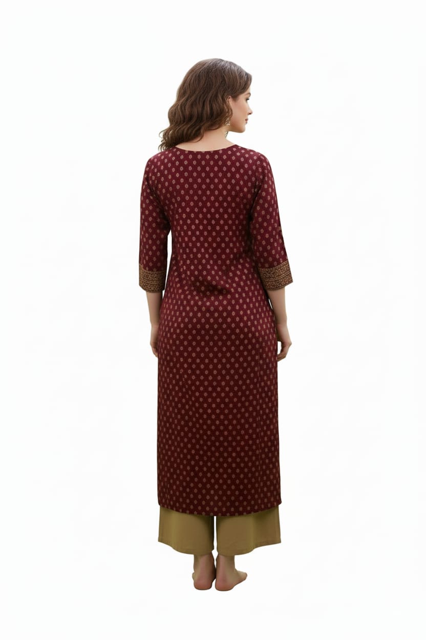 Silakaari Maleeka Maroon Foil Printed Rayon Long Kurti