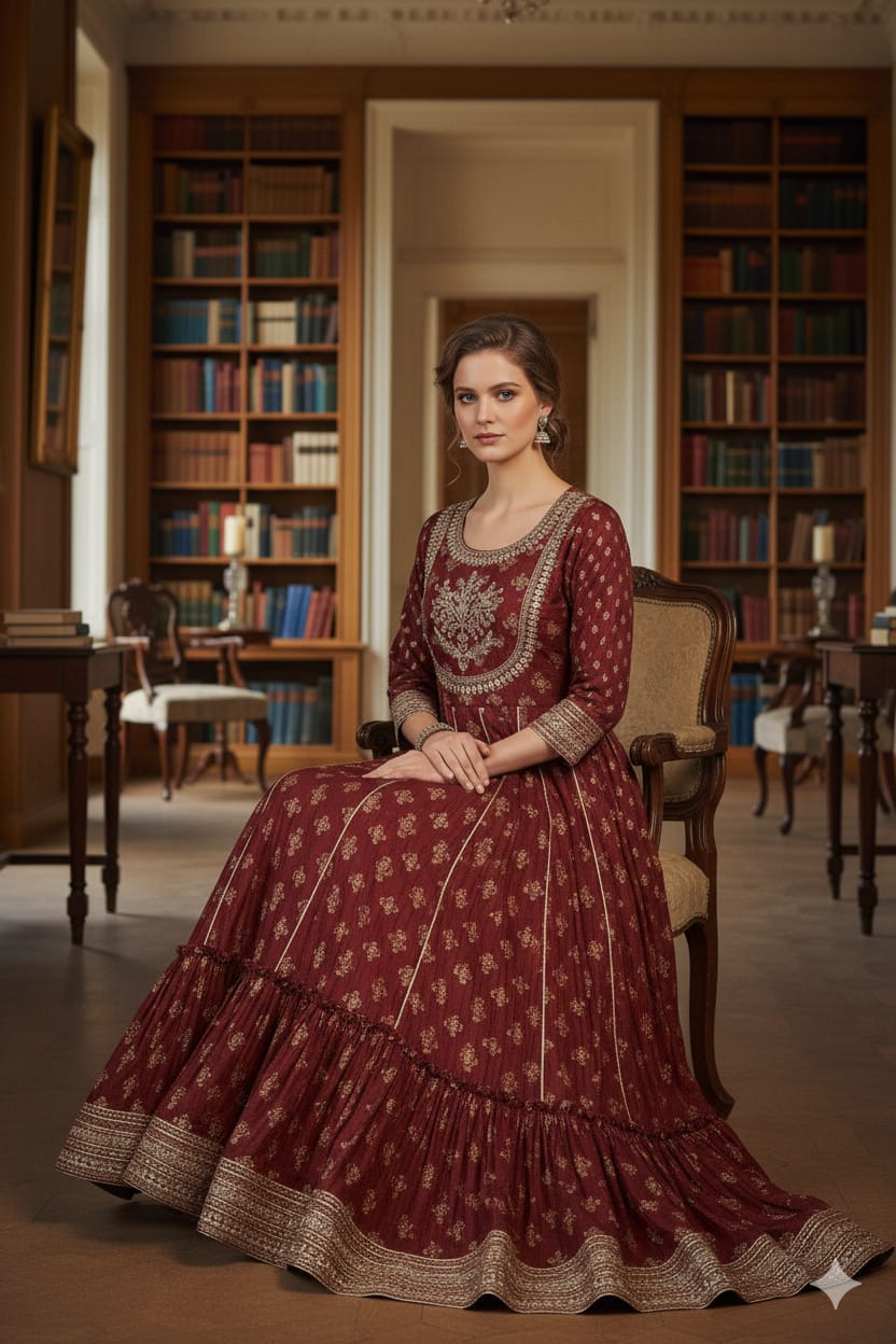 Silakaari Ezzah Red Cotton Foil Printed Full Length Anarkali