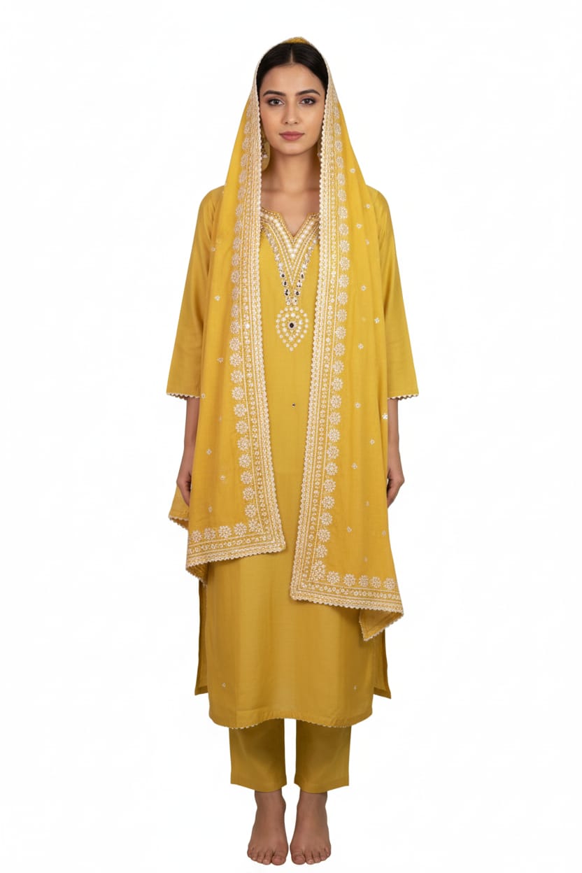 Silakaari Women's V Style Pearl Heavy Embroidered Pure Dola Silk Kurti Pant Dupatta Set